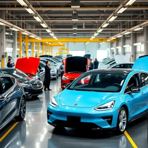 Electric vehicle factory showcasing new vehicles and production lines