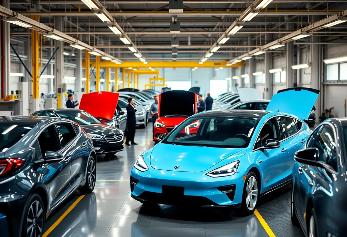 Electric vehicle factory showcasing new vehicles and production lines