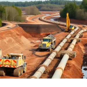 Construction site of Enbridge Line 5 pipeline with machinery.