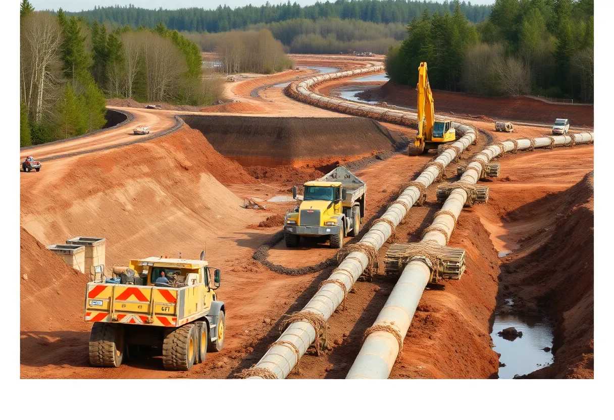 Construction site of Enbridge Line 5 pipeline with machinery.