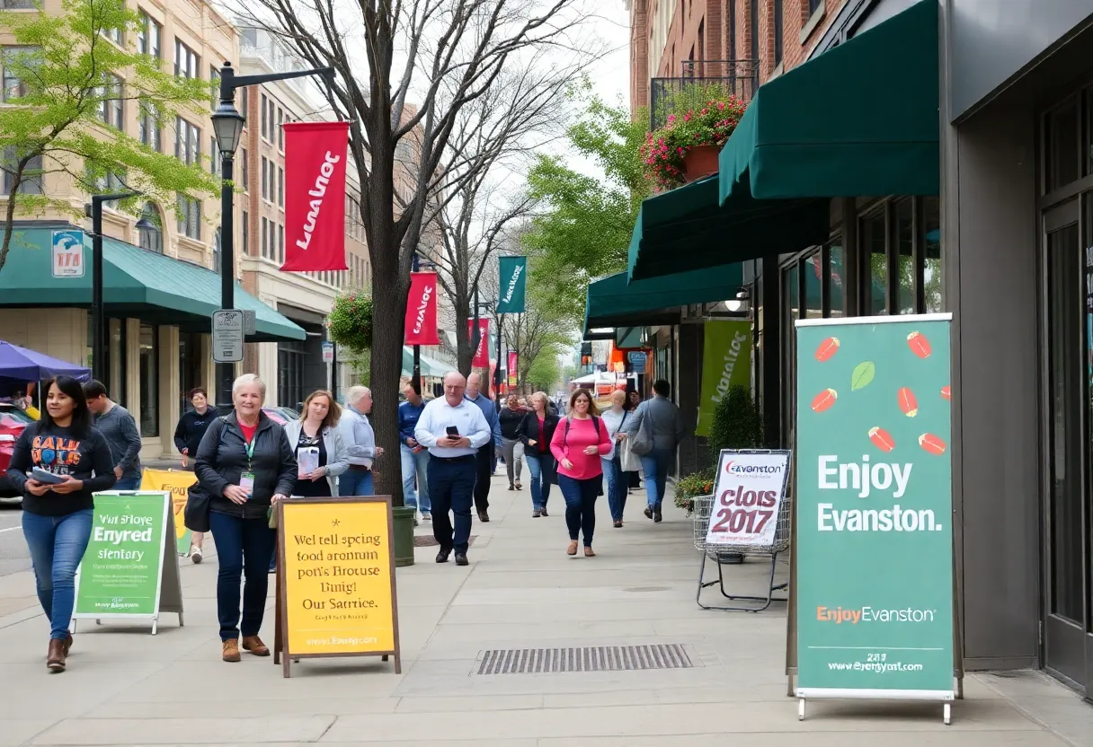 Street view of Evanston showcasing local businesses and community engagement efforts.