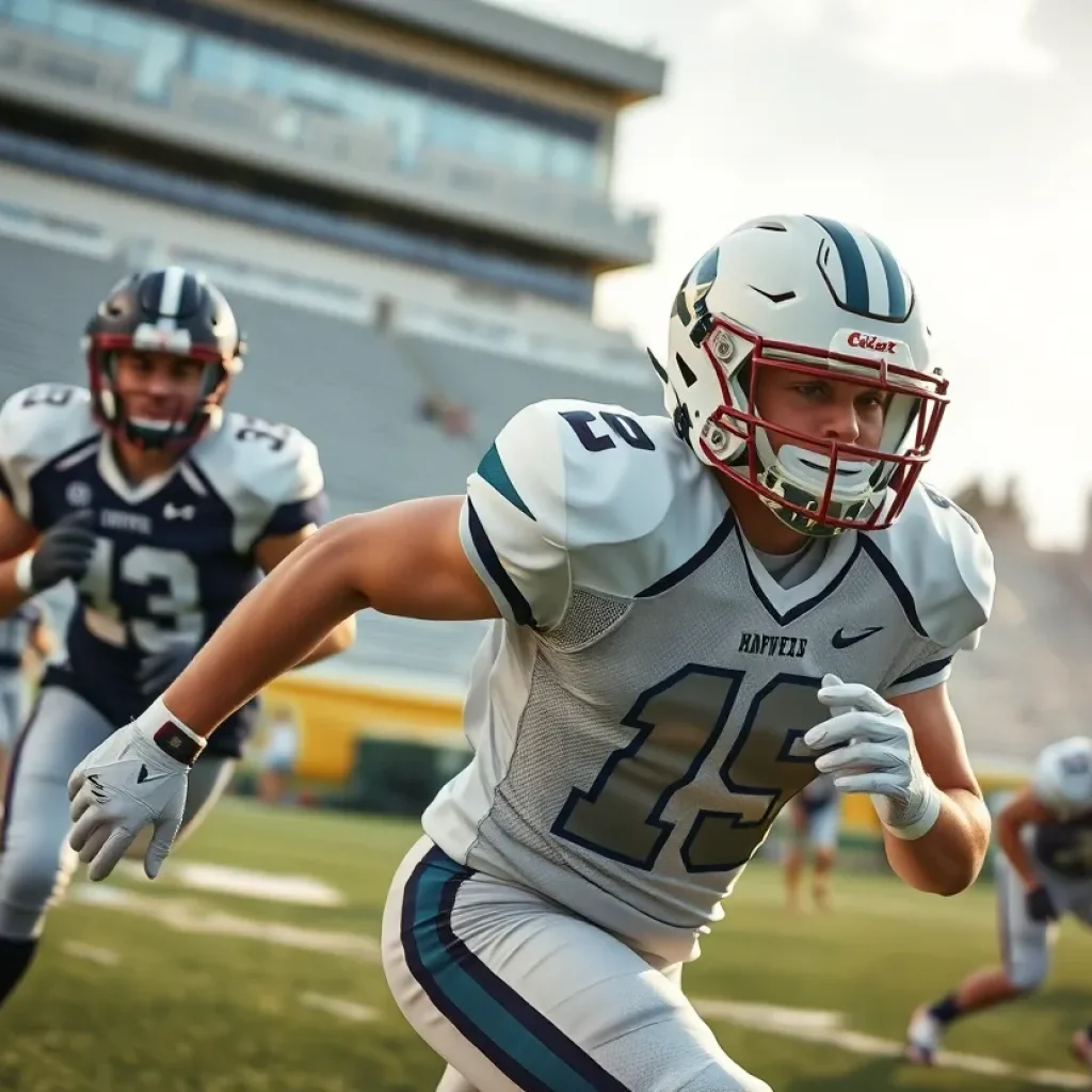 College football team practicing with dynamic energy