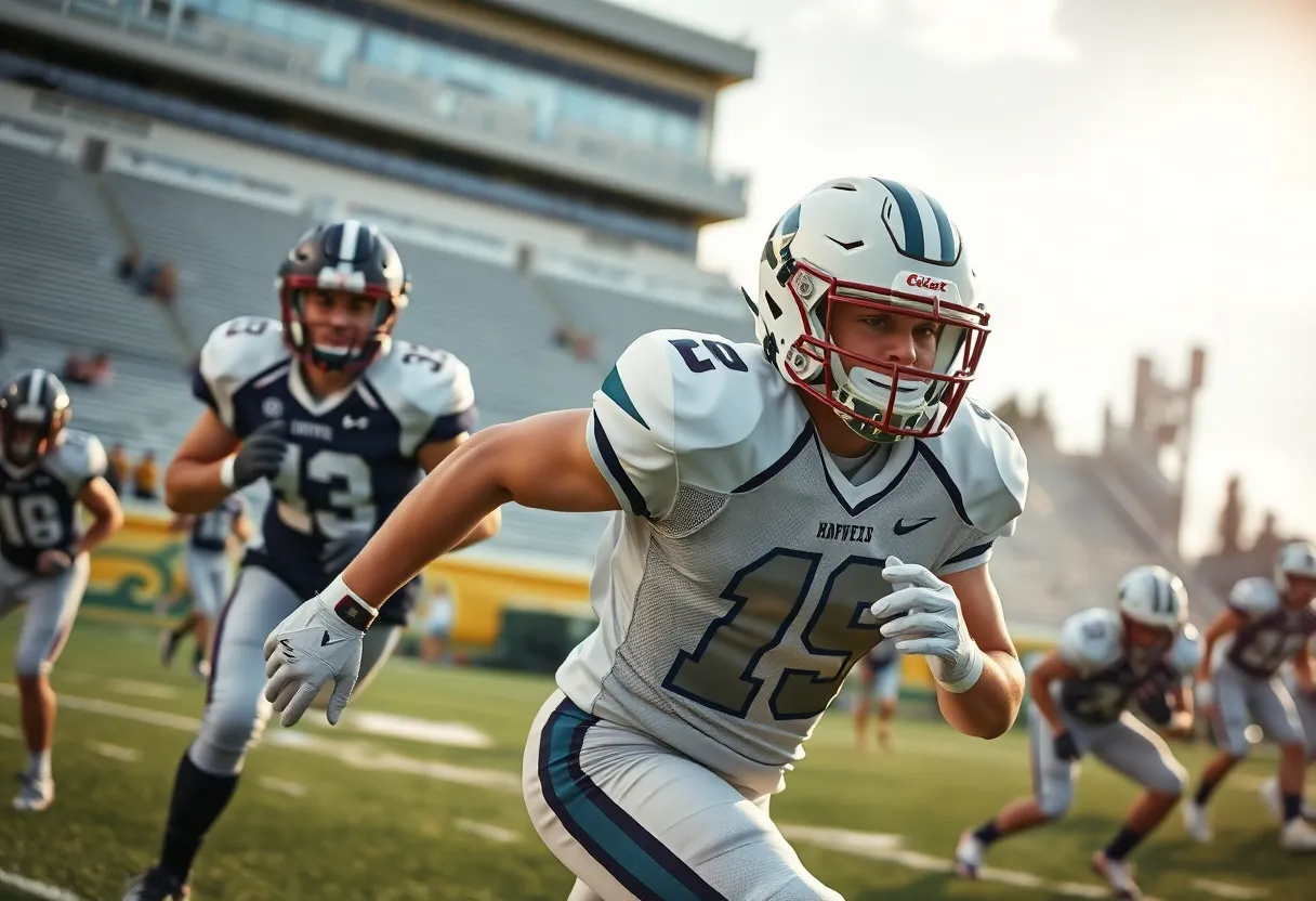 College football team practicing with dynamic energy