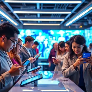 Diverse individuals engaging with Facebook on devices, representing social media marketing strategies for 2025.
