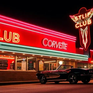 Vibrant exterior of Flight Club strip club at night