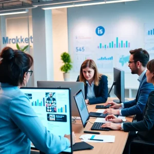 Modern office scene depicting franchise digital marketing strategies