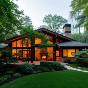 Exterior view of the historic Frank Lloyd Wright Weisblat House with clear blue skies.