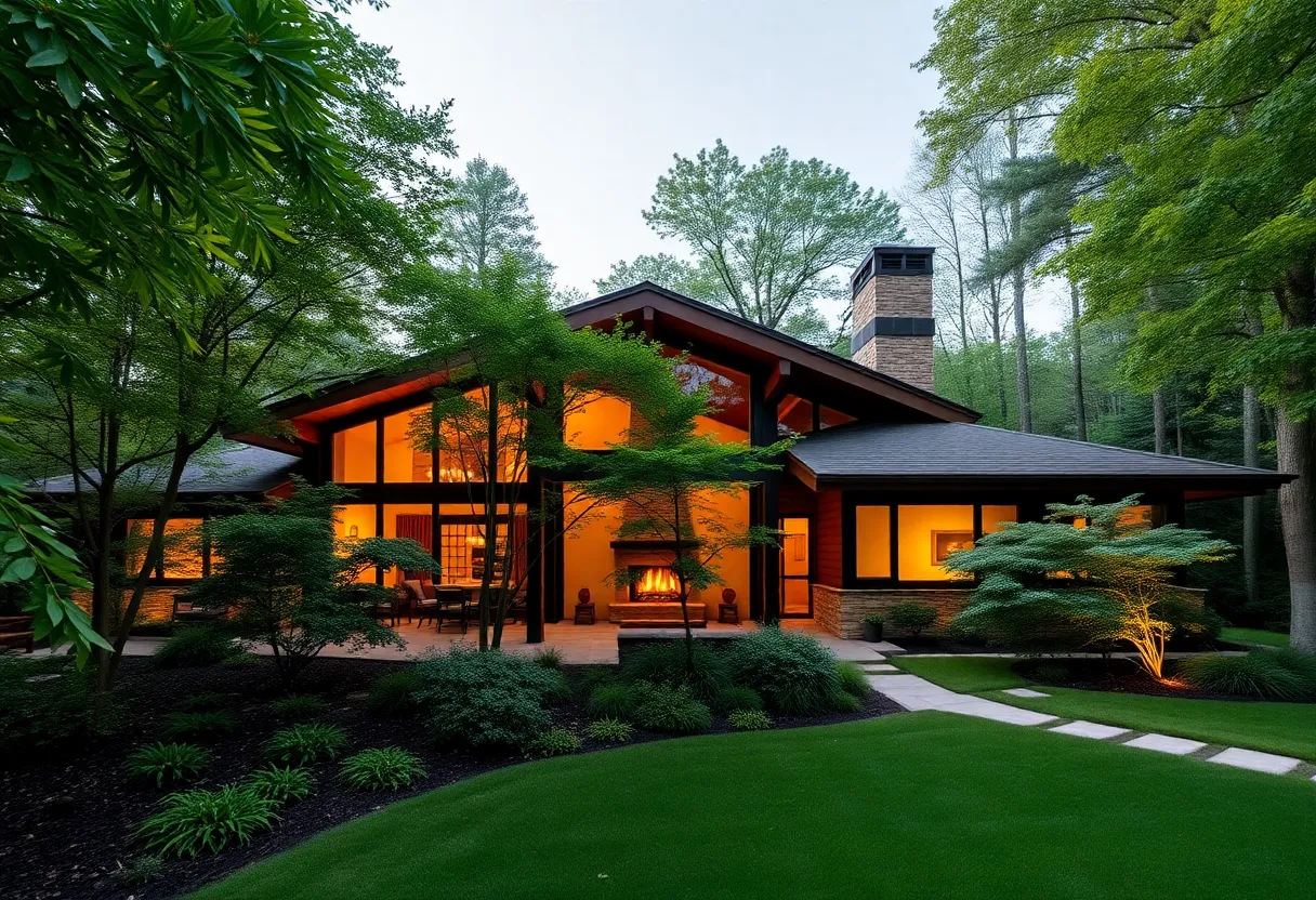 Exterior view of the historic Frank Lloyd Wright Weisblat House with clear blue skies.