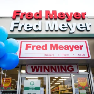 Fred Meyer store celebrating the sale of a winning Powerball ticket