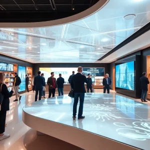 Futuristic retail store displaying interactive advertising and engaging customers.