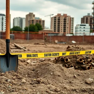 Construction site with caution tape indicating a grim discovery