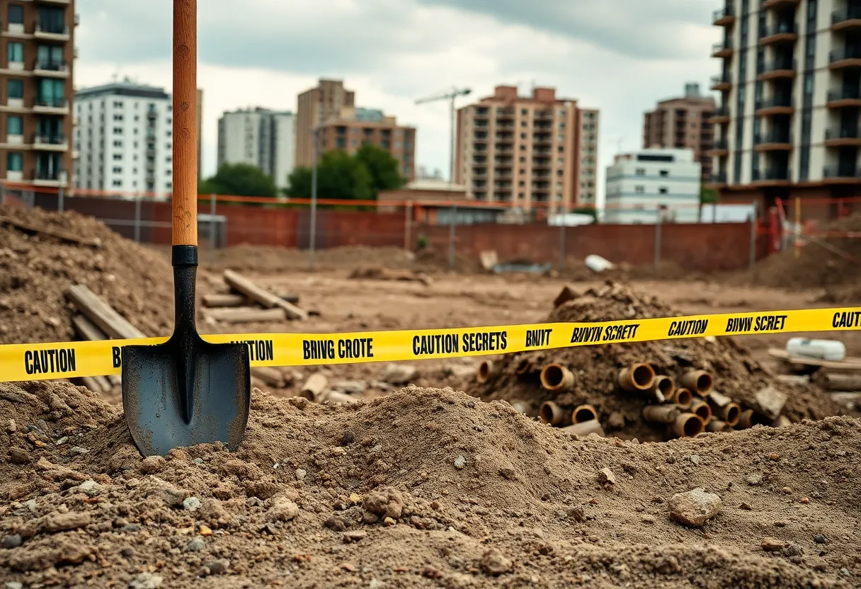 Construction site with caution tape indicating a grim discovery