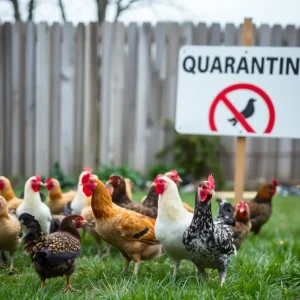 Backyard flock of birds with quarantine sign due to H5N1 avian influenza outbreak.