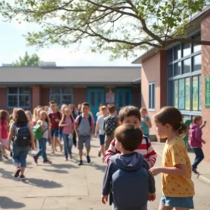 Students playing outside Hamline Elementary School