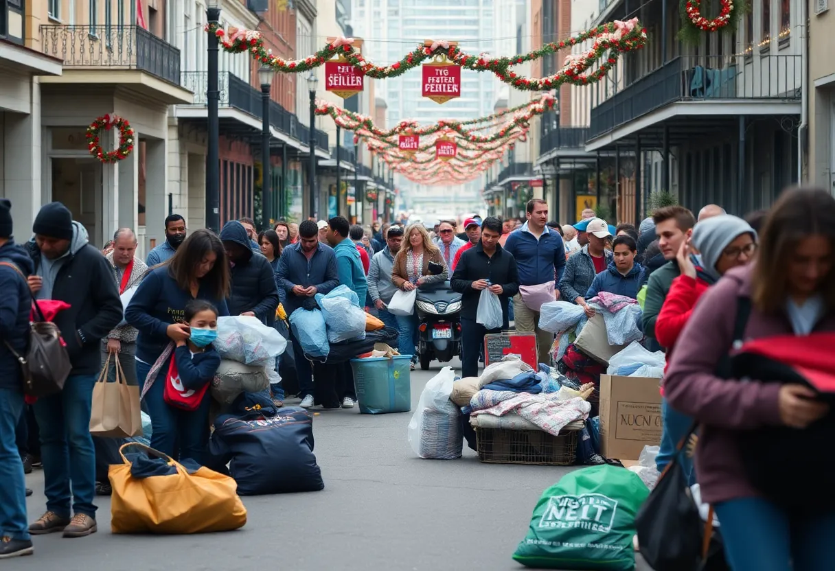 Individuals gathering their belongings in New Orleans as part of a relocation operation.