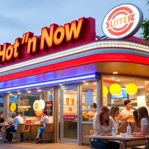 Exterior of a Hot 'n Now fast food restaurant with customers enjoying food.