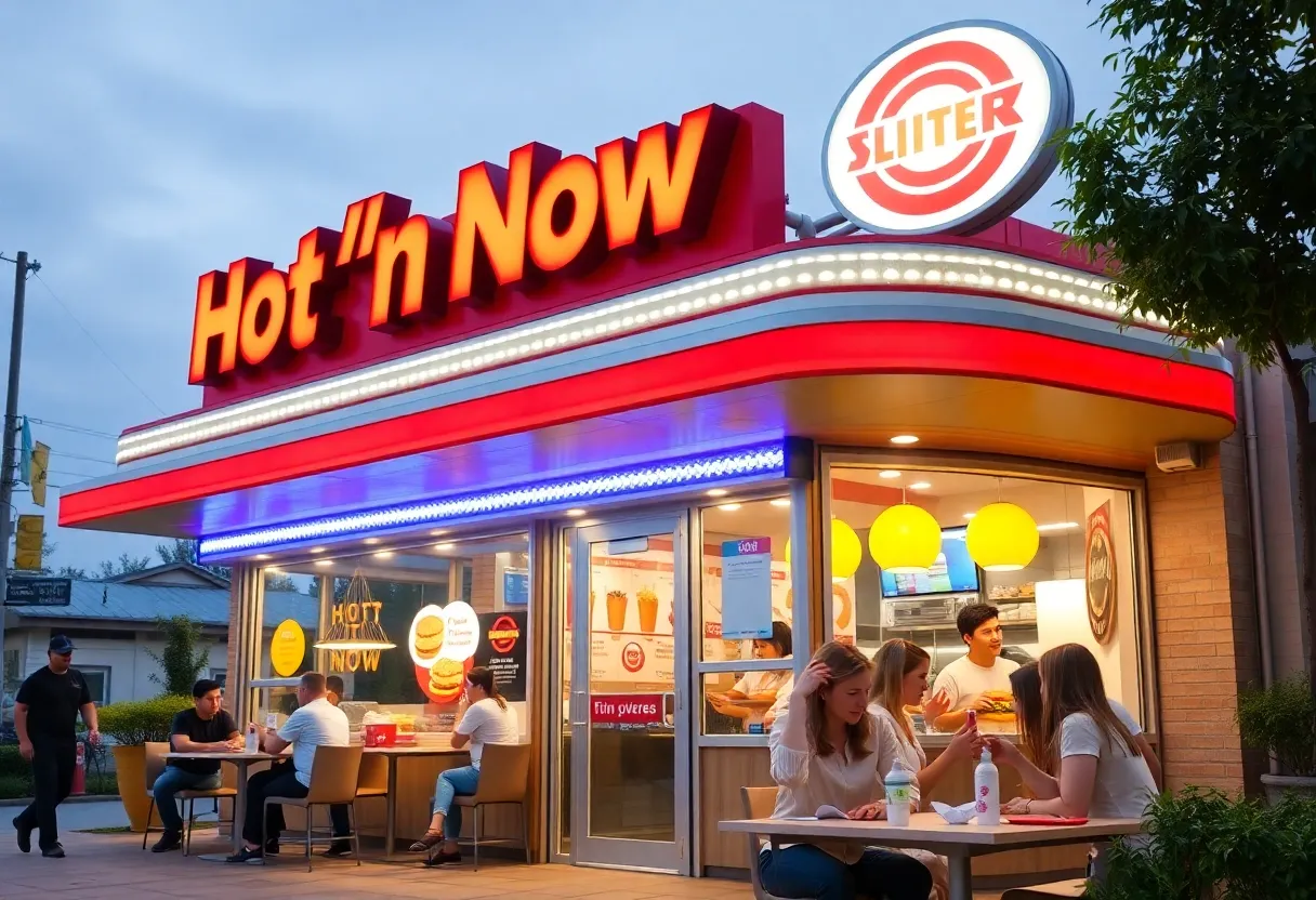 Exterior of a Hot 'n Now fast food restaurant with customers enjoying food.