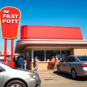 Outdoor view of a Hot 'n Now fast-food restaurant with customers enjoying their meals.