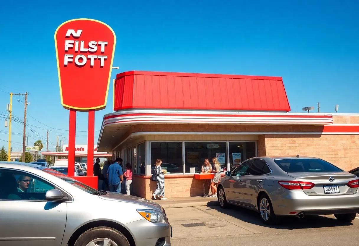 Outdoor view of a Hot 'n Now fast-food restaurant with customers enjoying their meals.