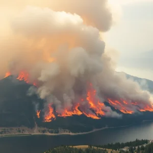 Aerial view of the Hughes Fire burning near Castaic Lake