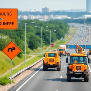 Construction site on Eastbound I-696 showing machinery and detour signs.