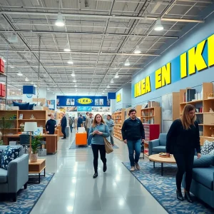 Interior view of an Ikea store showcasing stylish furniture and decor.