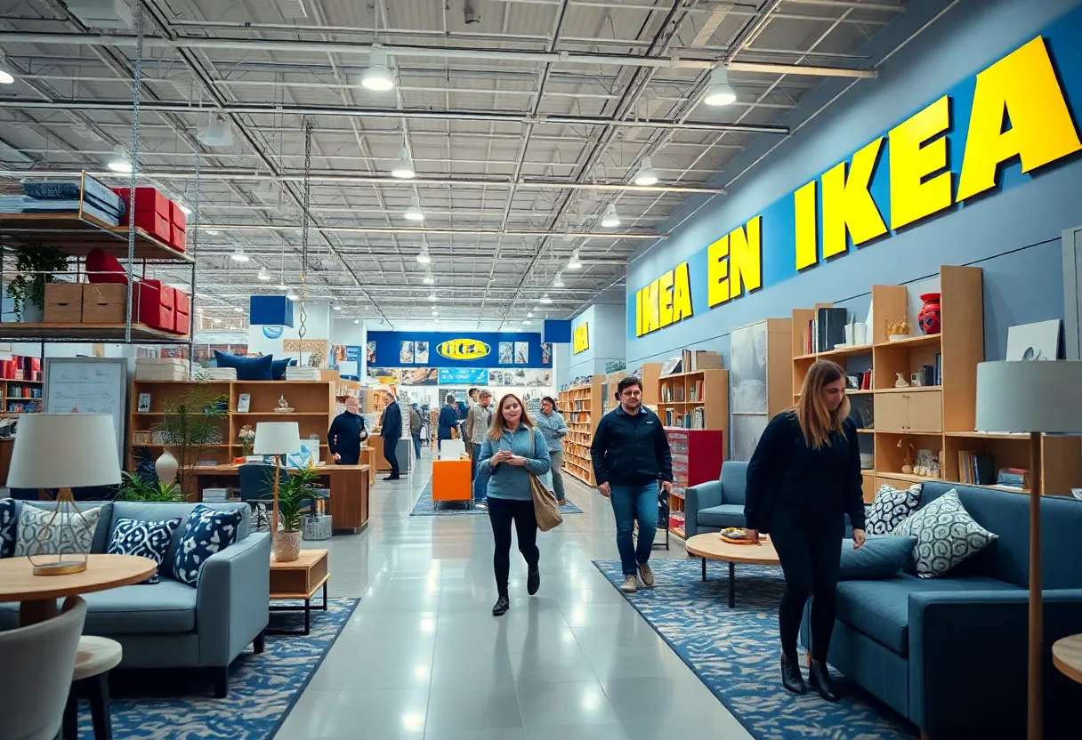 Interior view of an Ikea store showcasing stylish furniture and decor.