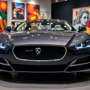 Jaguar car at Miami Art Week reflecting modern design.