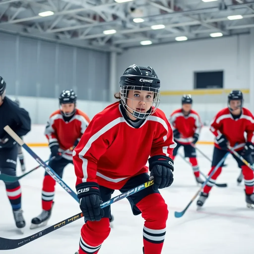 Young hockey players training at USA Hockey Arena in Plymouth, Michigan.