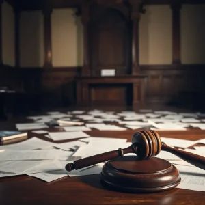 An empty courtroom with scattered legal documents