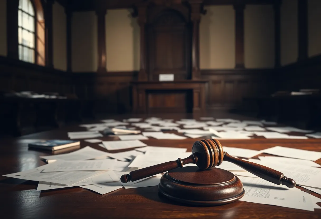 An empty courtroom with scattered legal documents