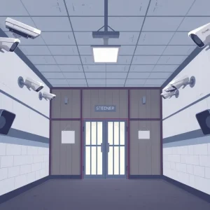 Illustration depicting a juvenile detention center highlighting safety issues and surveillance.