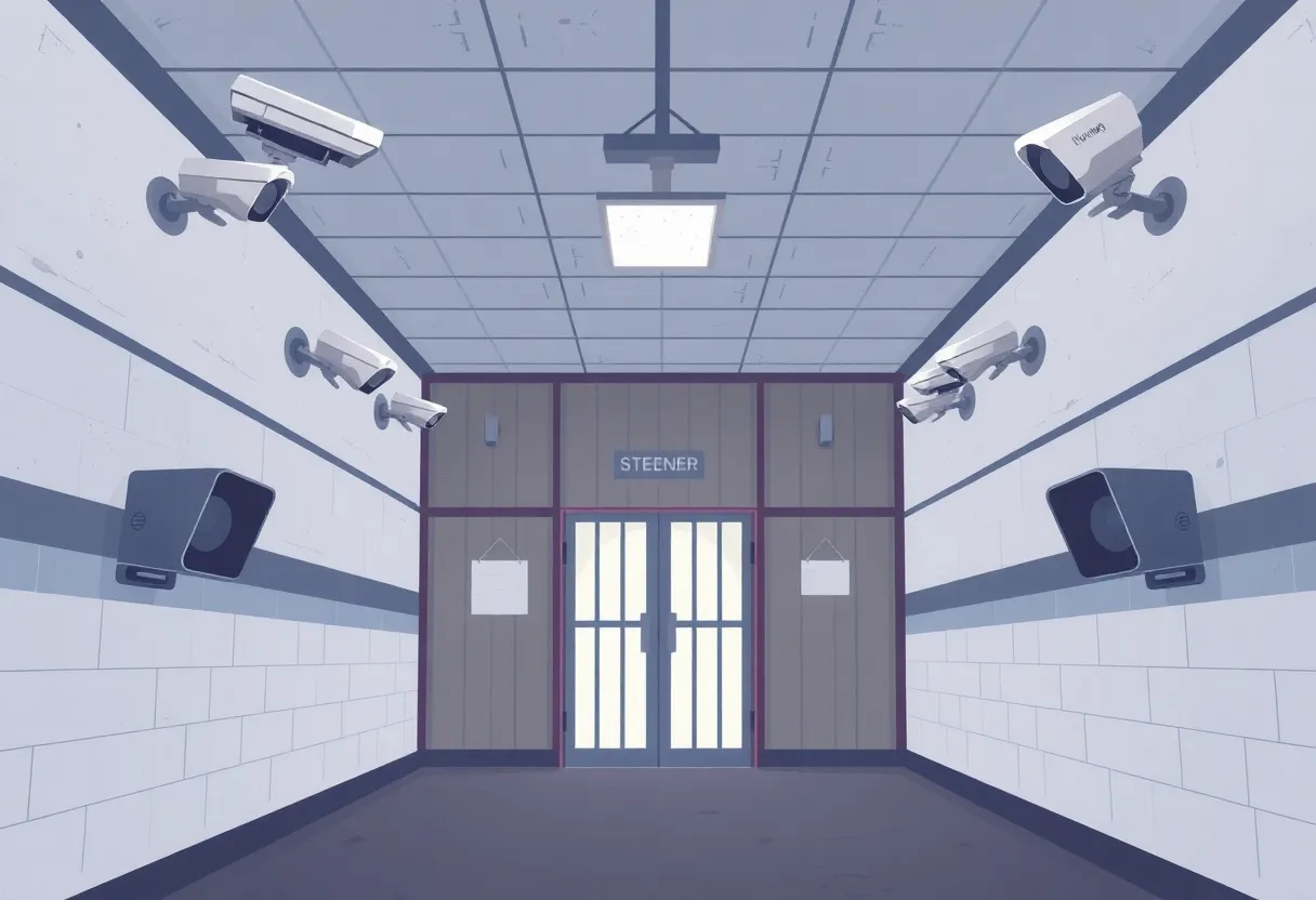 Illustration depicting a juvenile detention center highlighting safety issues and surveillance.