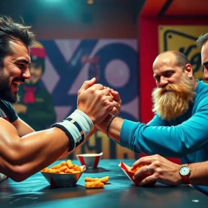 Professional wrestlers arm-wrestling during KFC Chicken Strips campaign