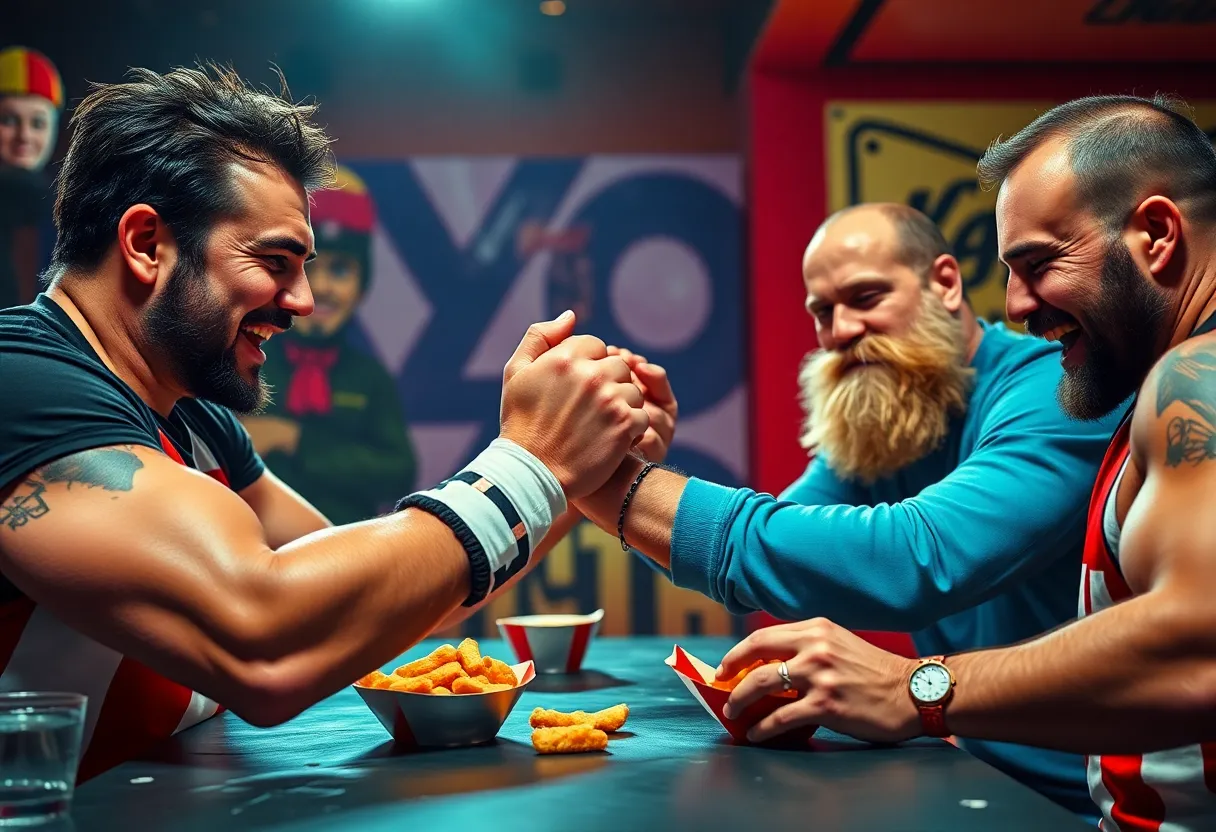 Professional wrestlers arm-wrestling during KFC Chicken Strips campaign