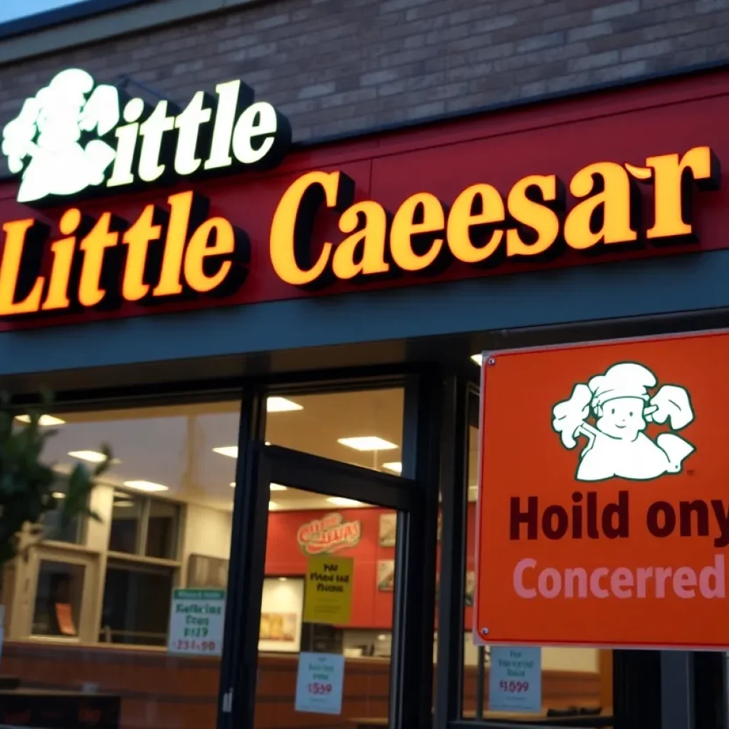 Little Caesars exterior with a safety warning for child labor