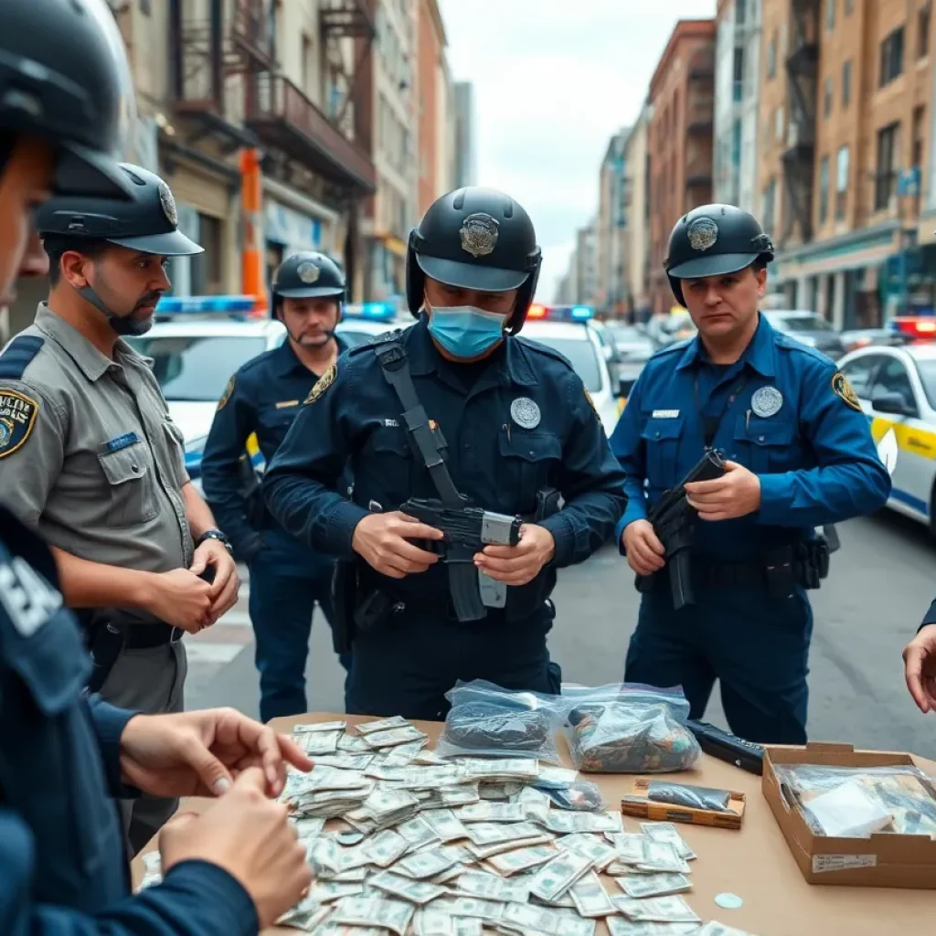 Livonia police officers displaying seized drugs and money during a raid