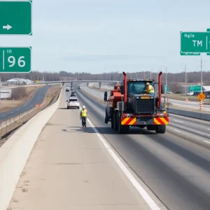 Highway construction work on M-14 and I-96 showing workers and construction equipment.