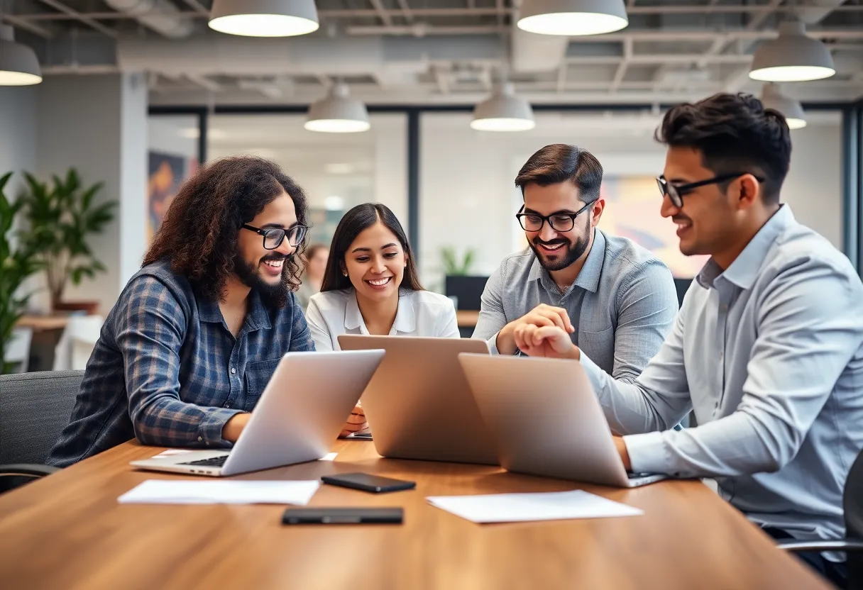 Marketers working together on laptops discussing a no-code AI app builder