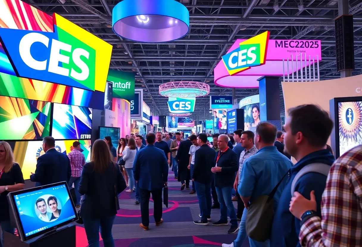 A representation of media buying trends at CES 2025 with tech displays and industry leaders.