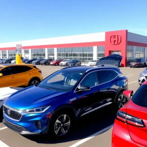 A variety of vehicles including electric, hybrid, and gas-powered cars in a Michigan automotive manufacturing facility.