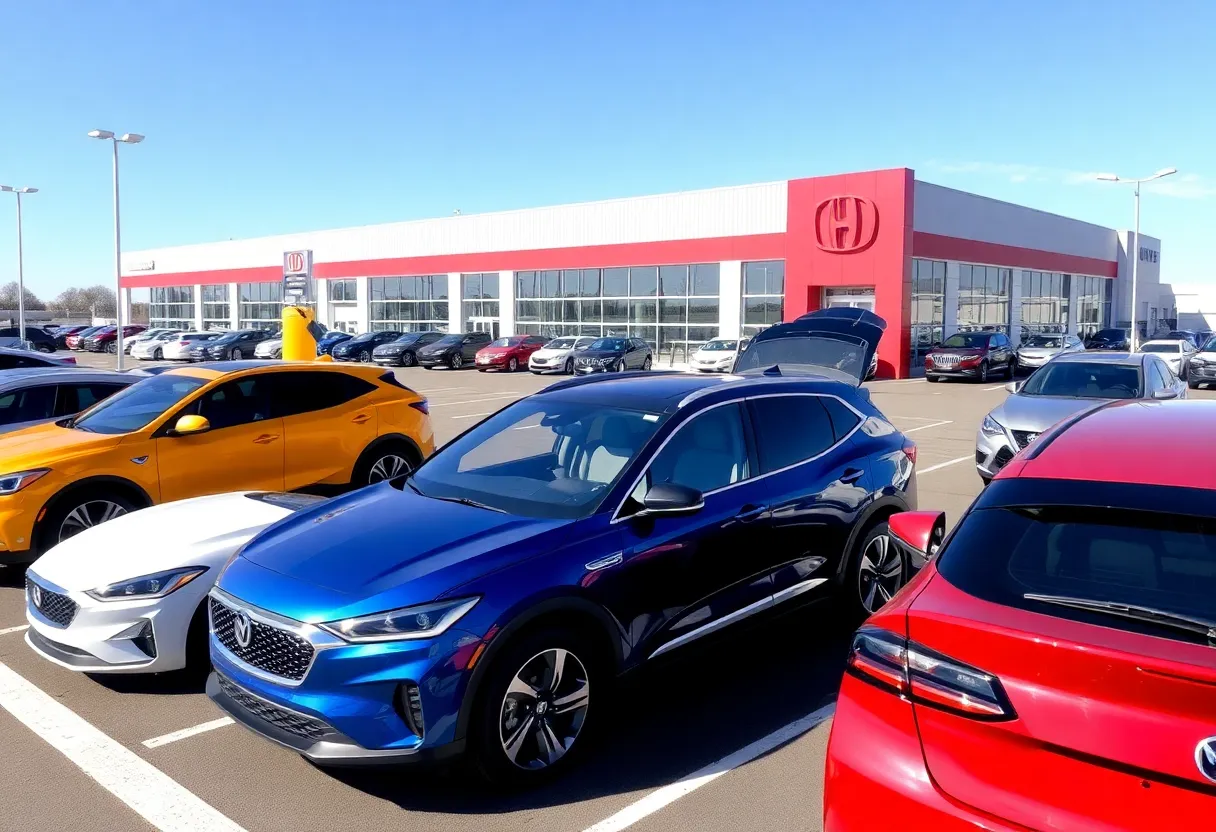 A variety of vehicles including electric, hybrid, and gas-powered cars in a Michigan automotive manufacturing facility.