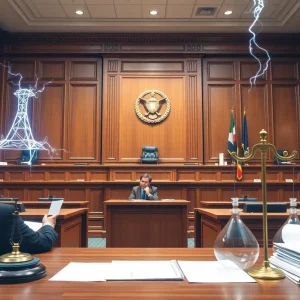 Courtroom scene symbolizing legal challenges in energy sector