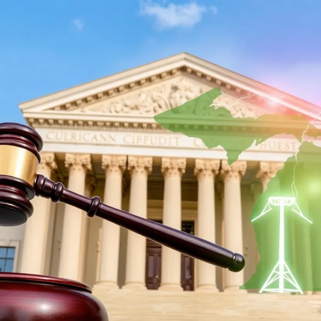 Legal gavel and electricity symbols representing Michigan's energy law ruling