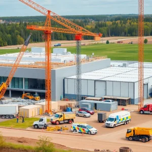 Construction site of the Michigan EV battery plant with cranes and workers.