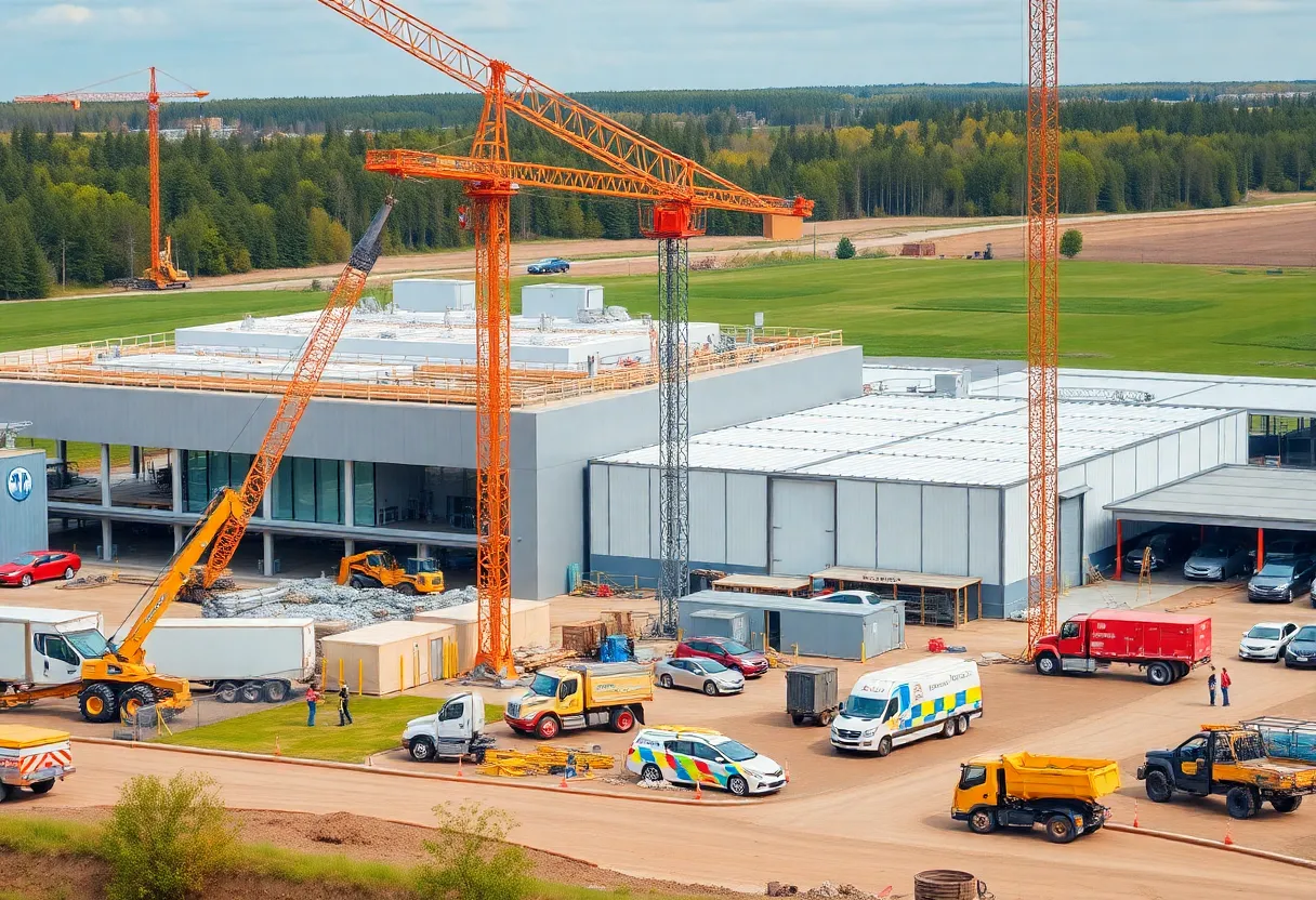 Construction site of the Michigan EV battery plant with cranes and workers.