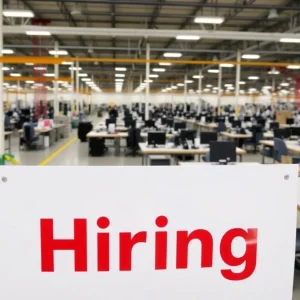 Empty manufacturing floor in Michigan with a hiring sign