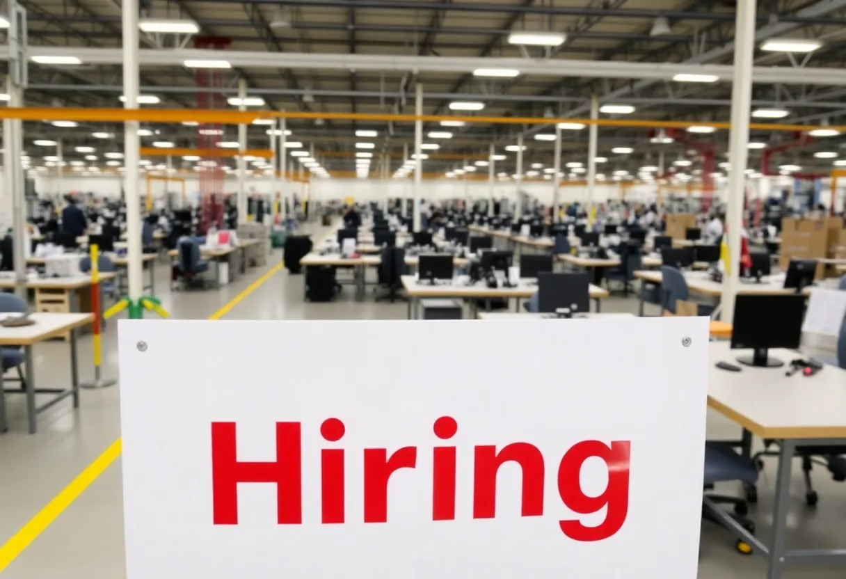 Empty manufacturing floor in Michigan with a hiring sign