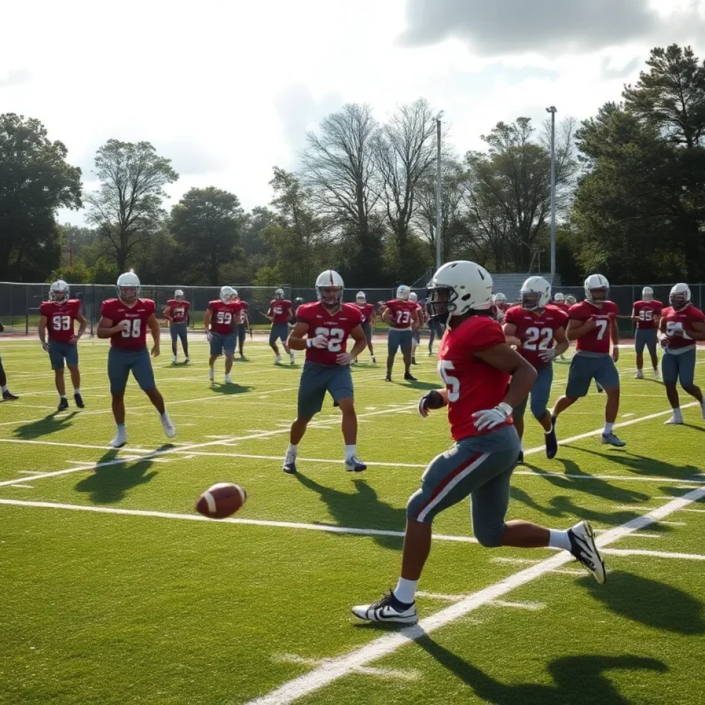 Michigan State football players practicing on the field