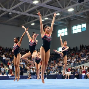 Michigan State gymnastics athletes performing routines together